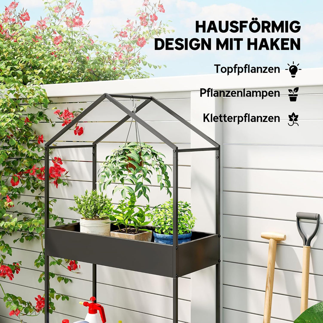 Outsunny 2-Etagen Pflanzenständer in Hausform, 150 cm hoch Blumenständer mit Haken, Metall Pflanzenr