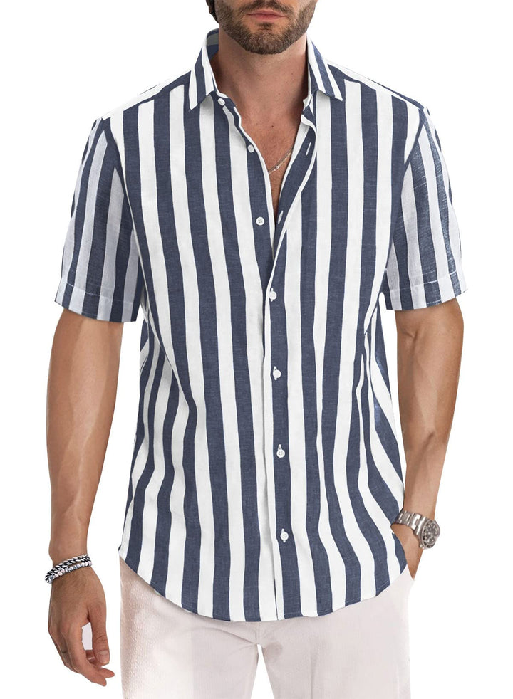Meilicloth Gestreiftes Hemd Herren Kurzarm Freizeithemd Sommer Casual Regular Fit B Navy Blau Weiss