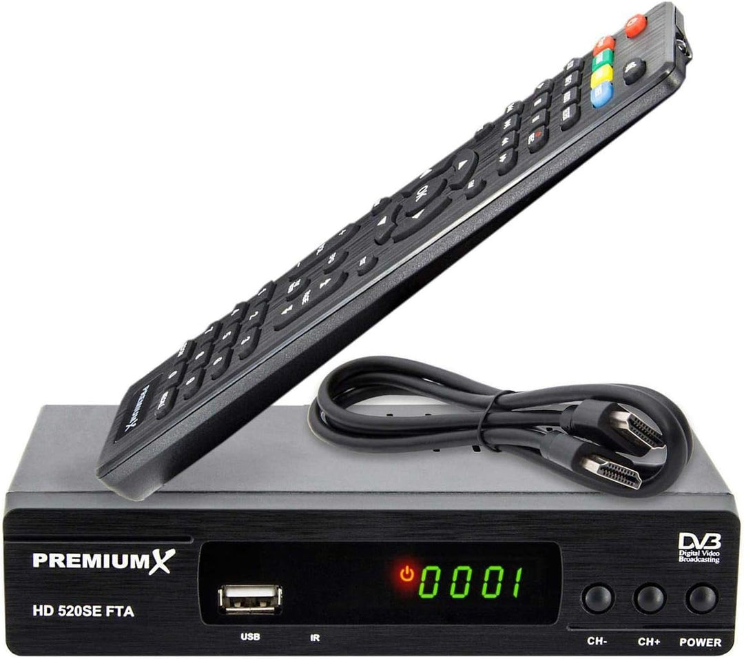 PremiumX Satelliten-Receiver HD 520SE FTA Digital SAT TV Receiver DVB-S2 FullHD HDMI SCART 2X USB Mu