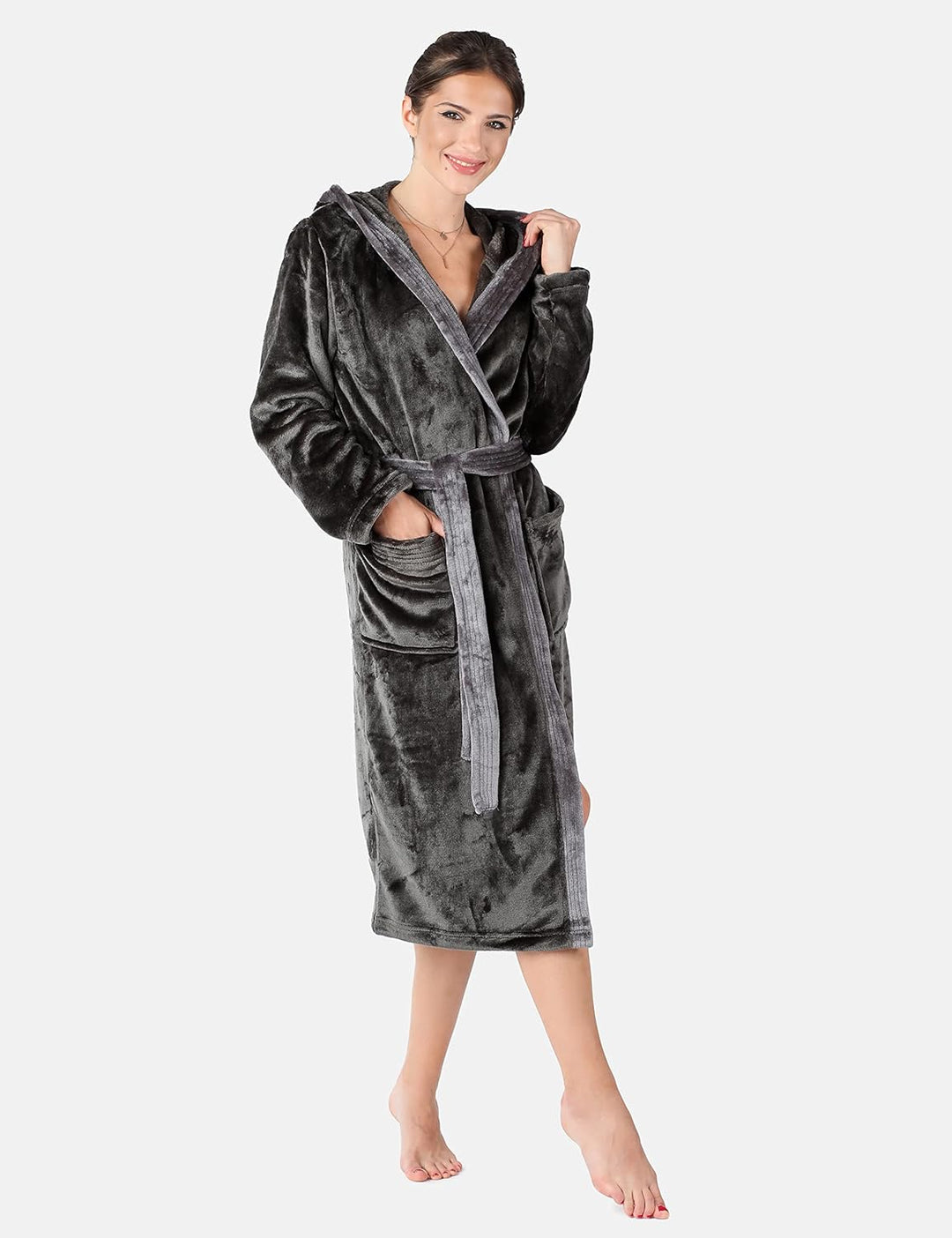 Bellivalini Damen Bademantel lang mit Kapuze und Gürtel BLV50-168 S Graphit/Grau, S Graphit/Grau