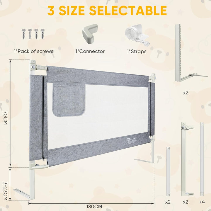 Kidsgigglz Bettgitter，180cm Rausfallschutz Bett Bettschutzgitter mit Vertikaler Hebe und Fallschutzf