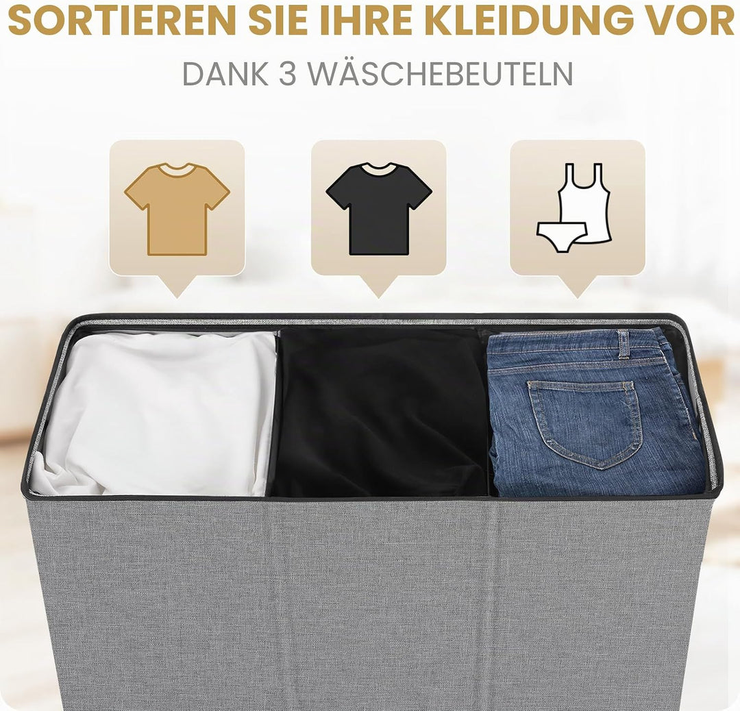 SOLEDI 180L Wäschekorb, Wäschesammler mit Deckel, 3 Fächer und 3 Wäschesack - Grosser XXXL Wäschesor