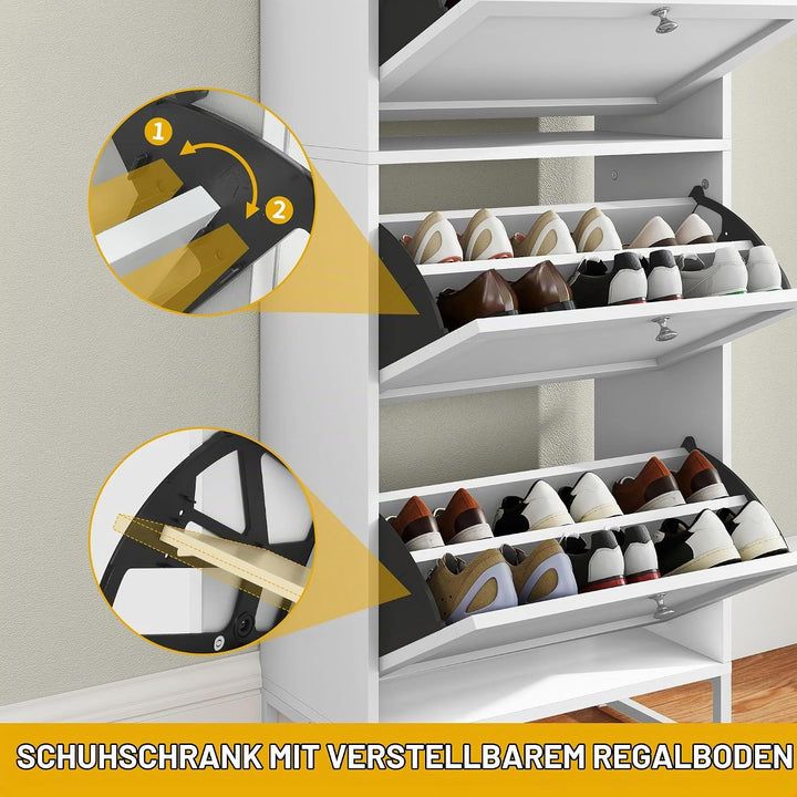 DWVO Schuhschrank Schmal mit 3 Klappen, 25x60x130cm, Schuhkipper Weiss, Schuhkommode Schuhregal mit