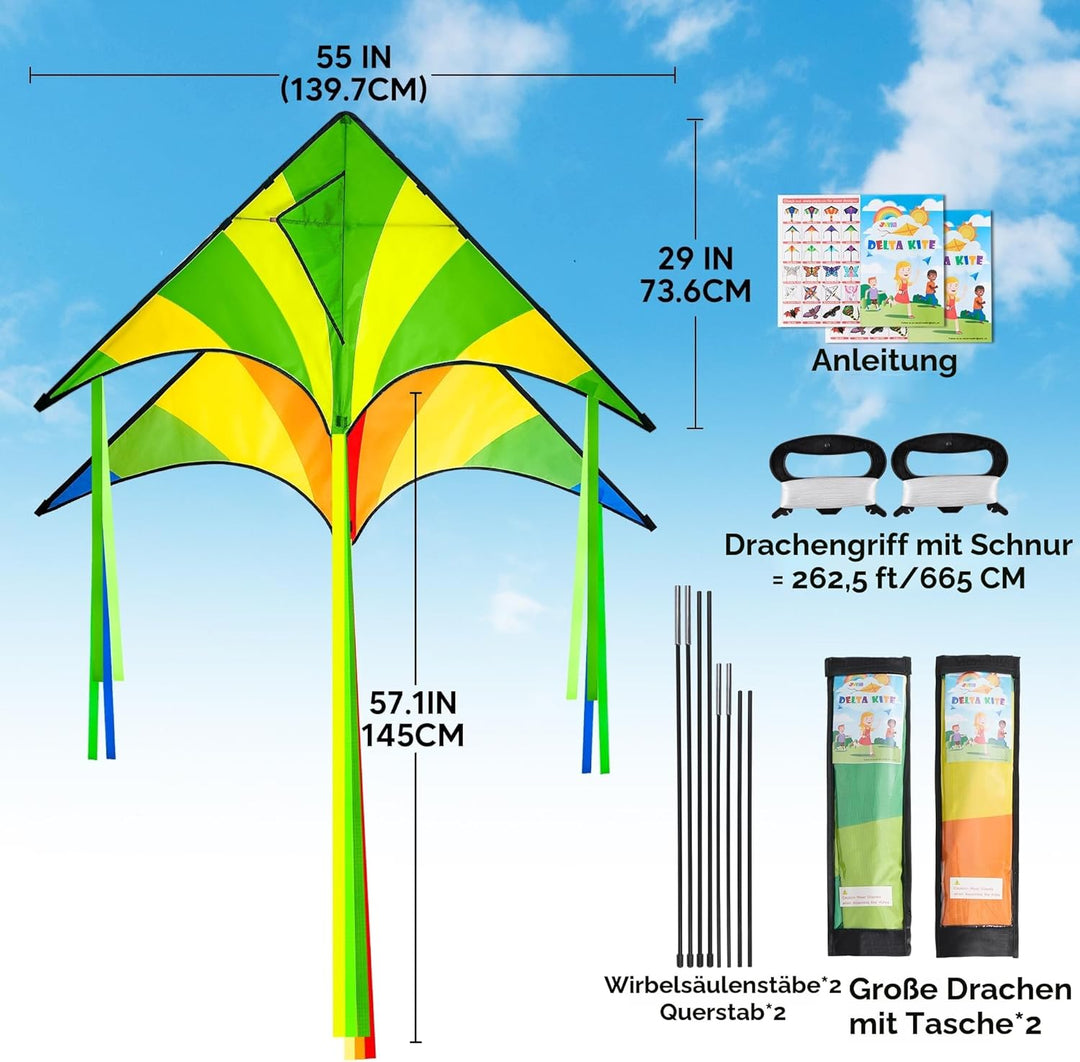 JOYIN 2 Packs grosser Delta-Drachen Grün und Regenbogen Drachen Einfach zu fliegen Riesige Drachen f