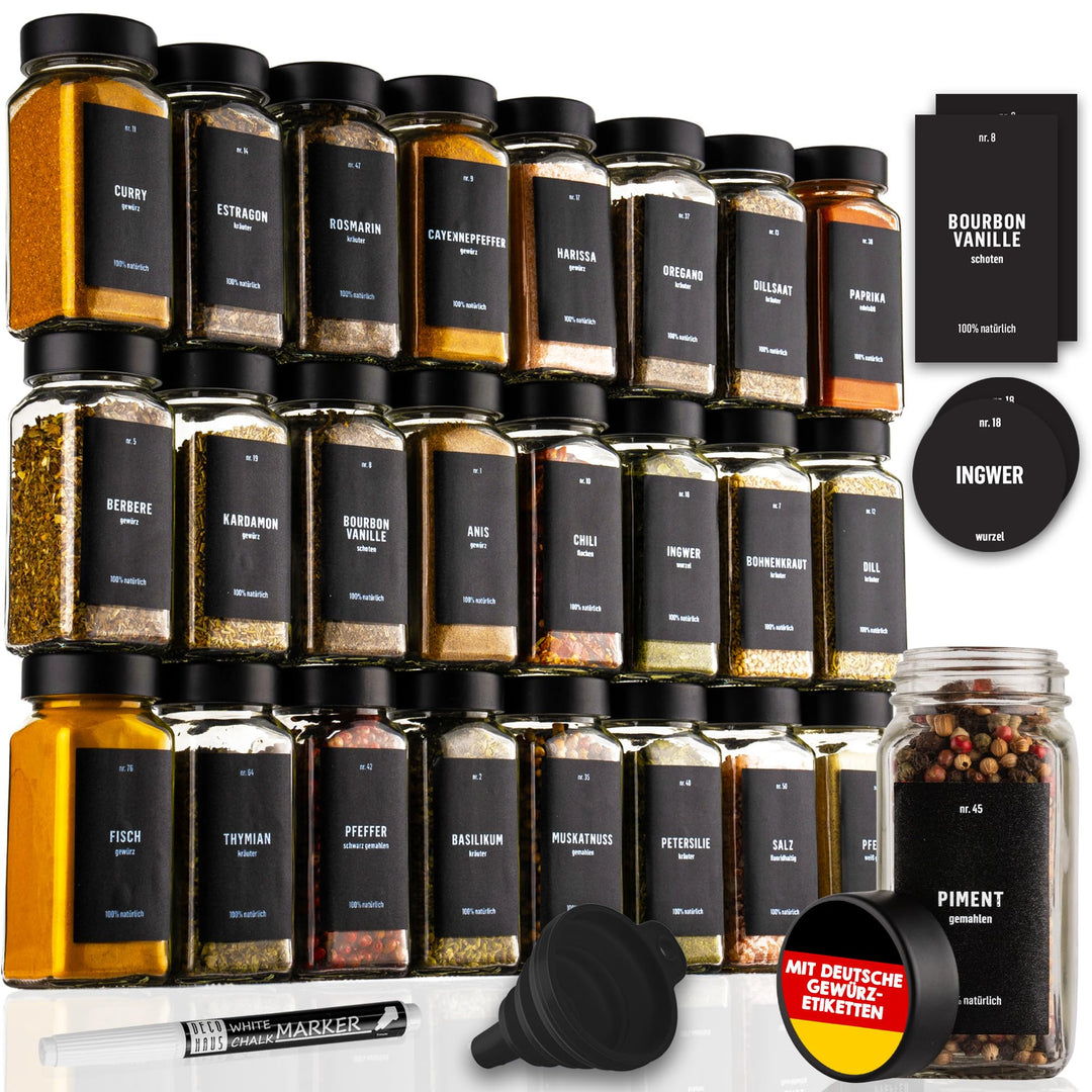 Deco haus® Gewürzgläser eckig luftdicht 24er Set [inkl. Etiketten & Streueinsatz] - Gewürzdosen Set