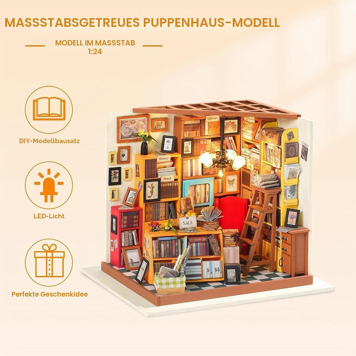 RoWood DIY Miniatur Haus Buchhandlung Puppenhaus mit Licht, DIY Mini Holz Haus Modell Set, Bastelset