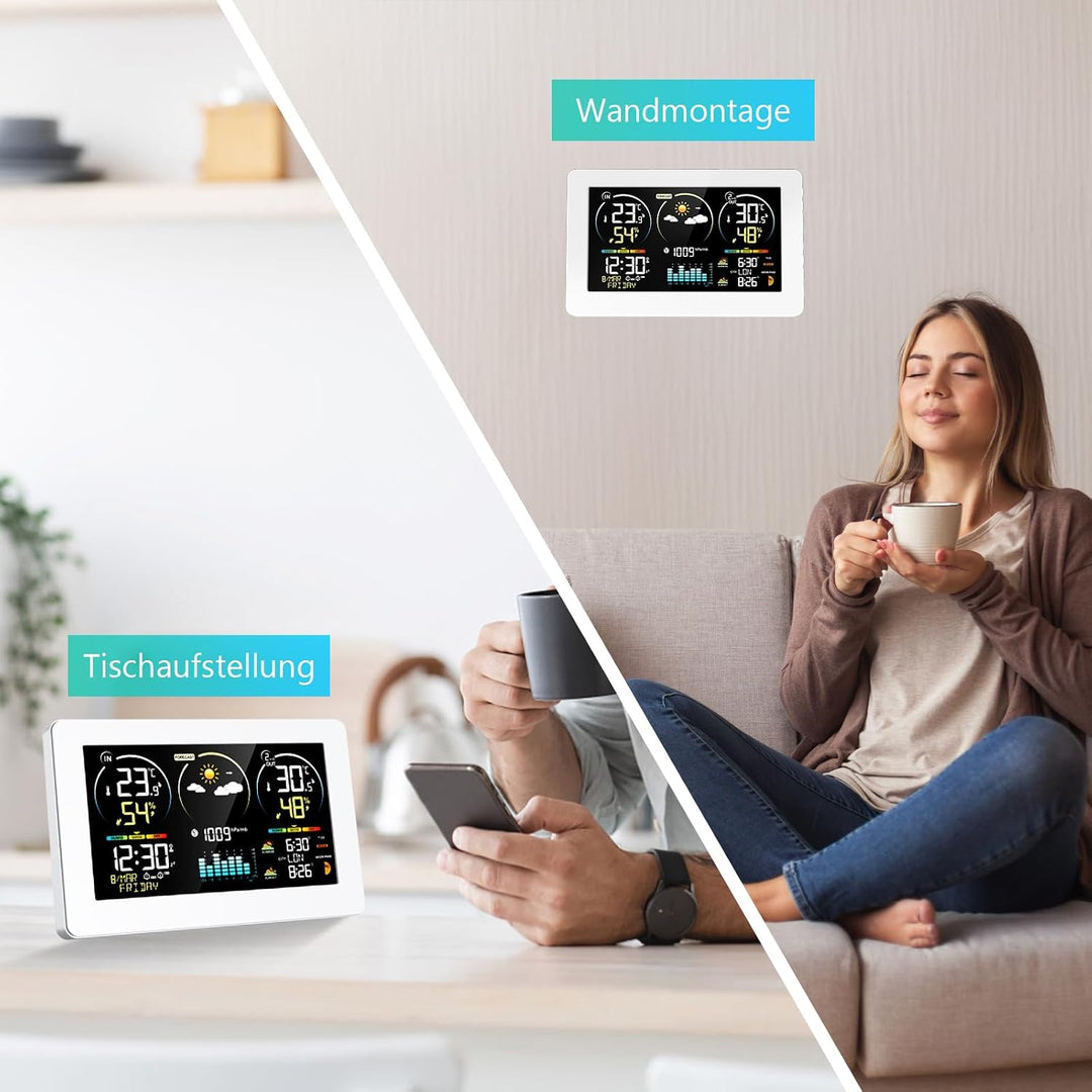 Wetterstation Funk mit Aussensensor, 7,8 Zoll Grosses Farbdisplay mit Beleuchtung & DCF Funkuhr, Wet