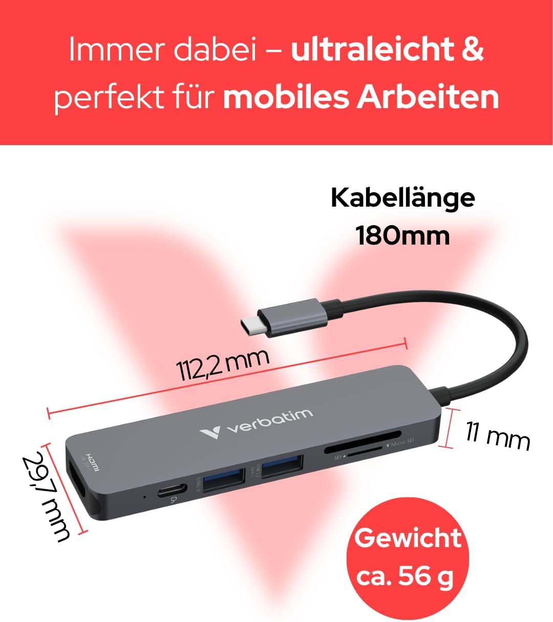 Verbatim USB-C Essentials Multiport Hub 6 Aschnlüsse mit Kartenleser 6 Anschlüsse, 6 Anschlüsse