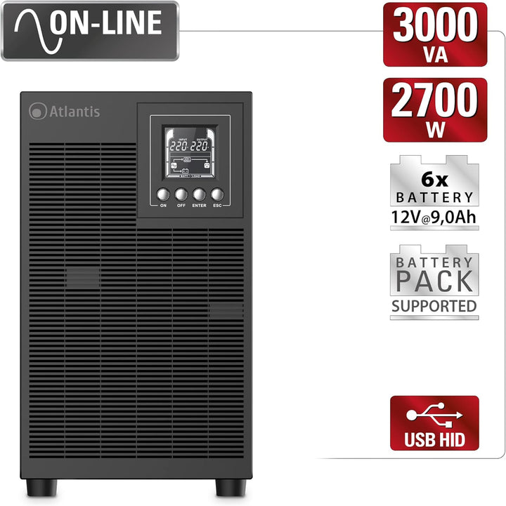 Atlantis A03-OP3002P PRO UPS OnLine USV-Server Doppelwandlung Reine Sinuswelle 3000 VA 2700 W, Tower