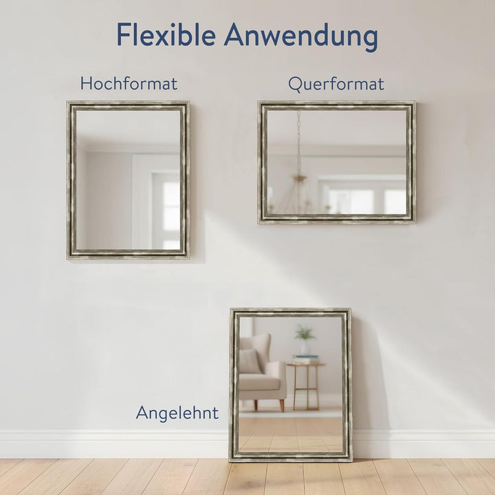 WANDStyle Spiegel Barock und Antik I Aussenmass: 52x70cm I Farbe: Silber I silberner Wandspiegel aus