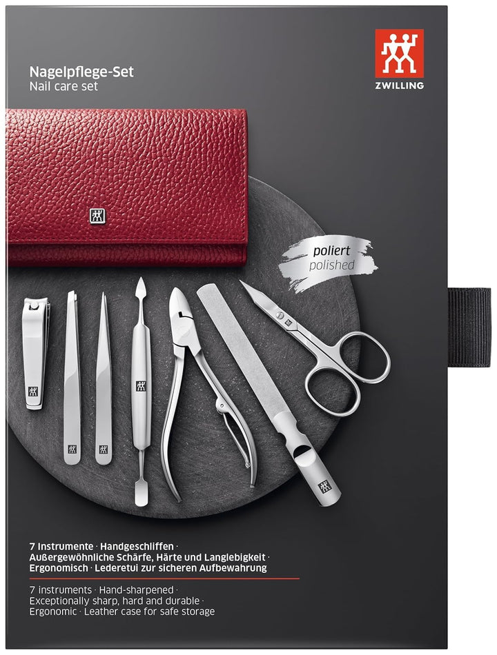 ZWILLING Maniküre und Pediküre Set, Reise Etui Set, Nagelpflege, Leder, 7-teilig, Rot Rot Single, Ro