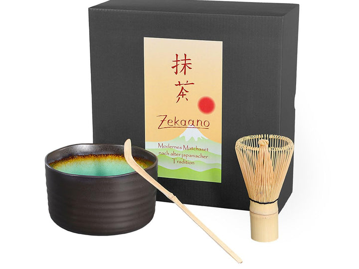 Matcha-Set 3-teilig, anthrazit/türkis, bestehend aus Matcha-Schale, Matcha-löffel und Matcha-Besen (