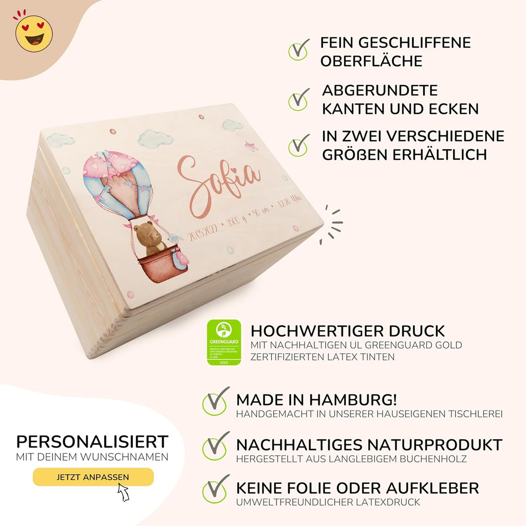 KIDSMOOD - Erinnerungsbox Baby, personalisierte Holzkiste mit Deckel, Ideal zur Aufbewahrung von Eri