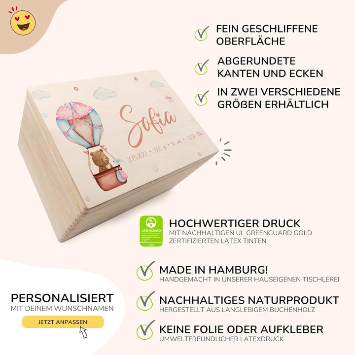 KIDSMOOD - Erinnerungsbox Baby, personalisierte Holzkiste mit Deckel, Ideal zur Aufbewahrung von Eri