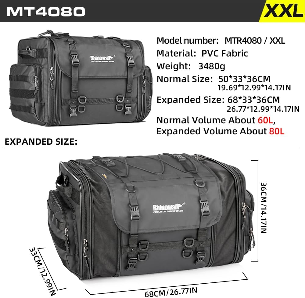 Rhinowalk Motorrad Sitztaschen 60-80L Wasserdicht Motor Rücksitztasche Gepäcktasche Hecktasche Erwei