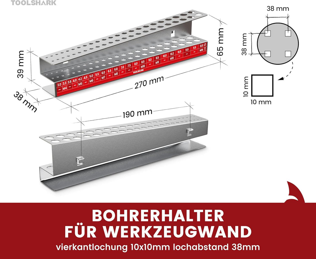 Bohrerhalter leer, aus Edelstahl rostfrei - Organizer für 46 Bohrer, für Lochwand mit Quadratlochung