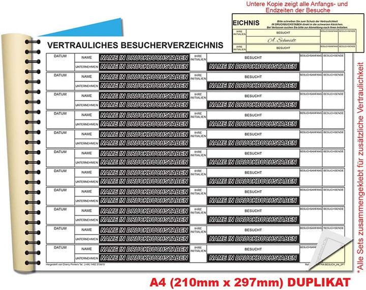 Cherry DSGVO-konform Gästebuch/Besucherbuch für Empfangsbereiche, Selbstdurchschreibend, 2x50 Blatt,