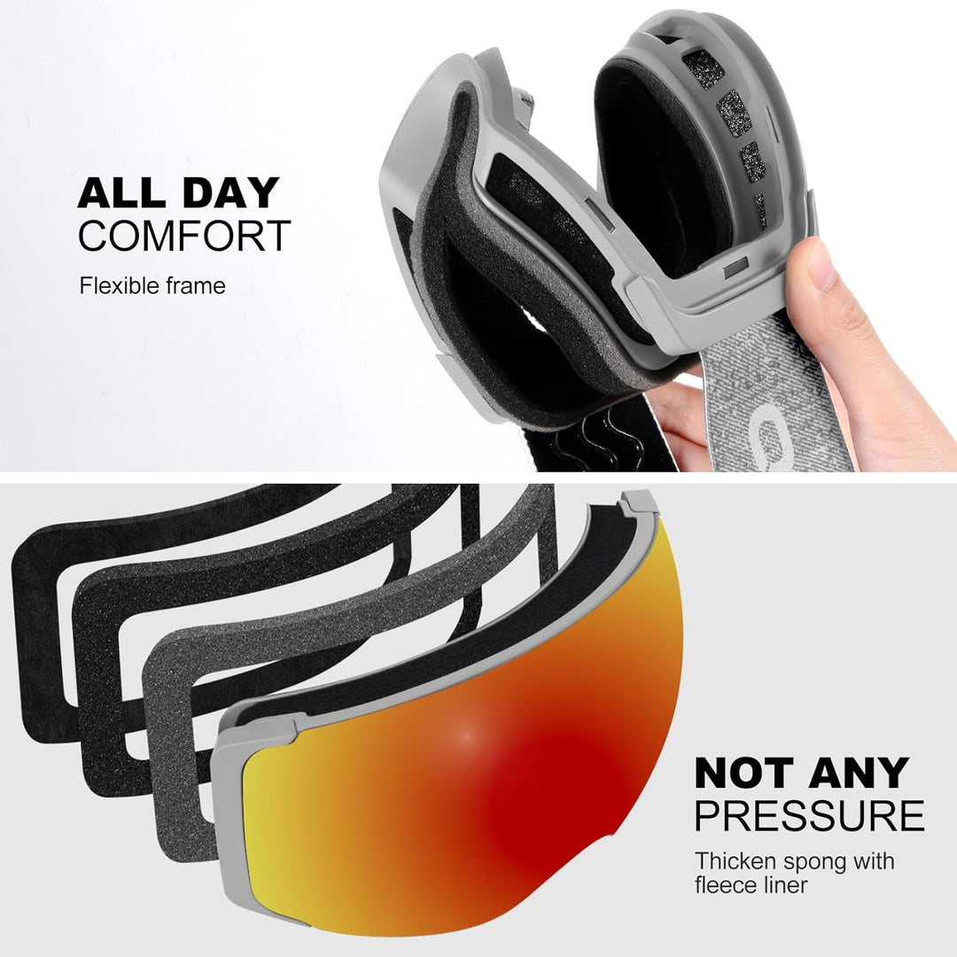 Odoland Skibrille Unisex für Herren und Damen Jungen Rahmenlose Snowboardbrille mit Magnetische Wech