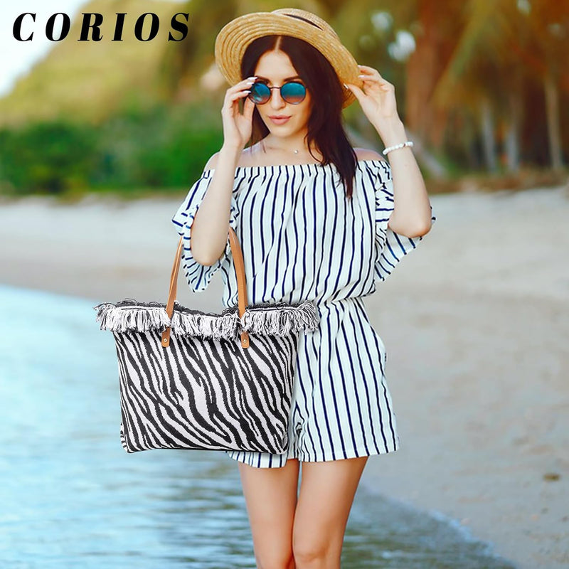 CORIOS Damen Canvas Handtasche Sommer Strand Tasche Grosse Schultertasche Böhmische Tote Beutel Bunt