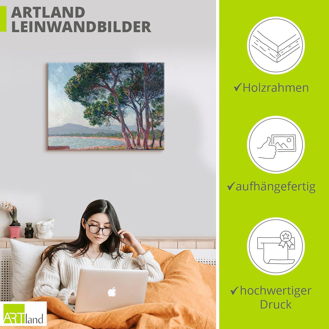 ARTland Leinwandbilder Wandbild Bild auf Leinwand 80x60 cm Wanddeko Landschaften Bäume See Der Stran