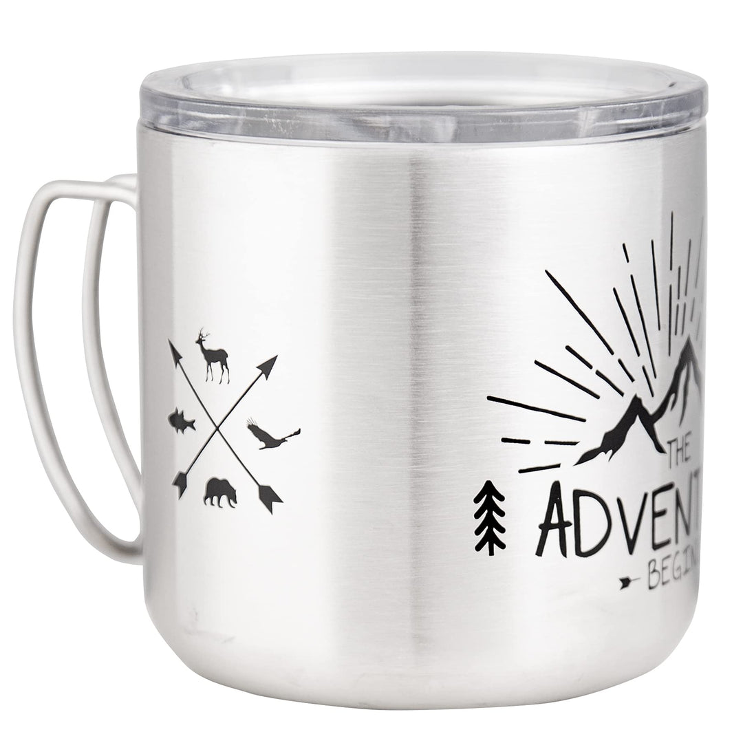 MUGSY Edelstahltasse, The Adventure Begins, To-Go Becher, abnehmbarer Deckel, bruchfest, 330ml, silb