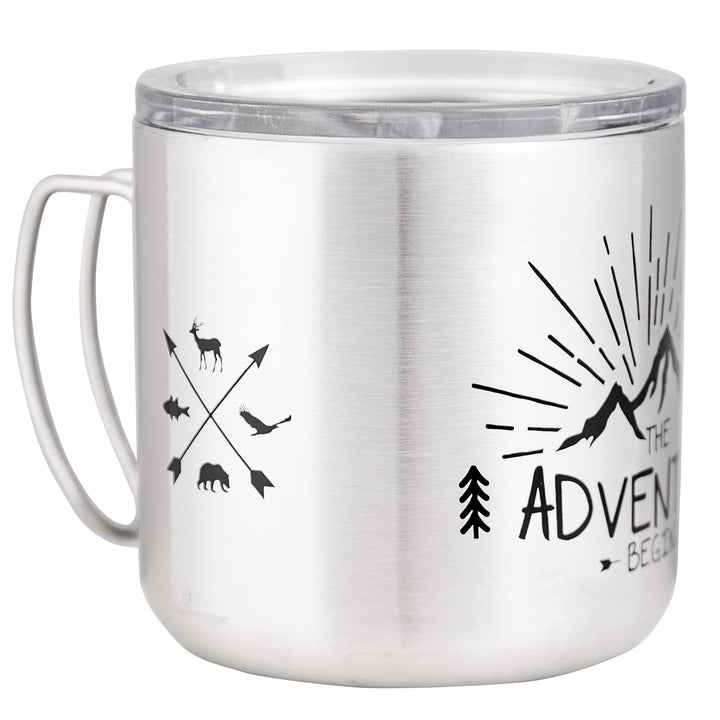 MUGSY Edelstahltasse, The Adventure Begins, To-Go Becher, abnehmbarer Deckel, bruchfest, 330ml, silb