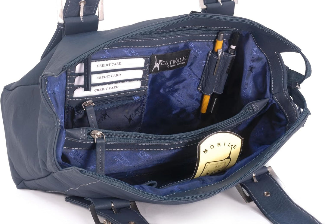 Catwalk Collection Handbags - Damen Leder Schultertasche - Handtasche Mittelgross mit Viele Fächer -