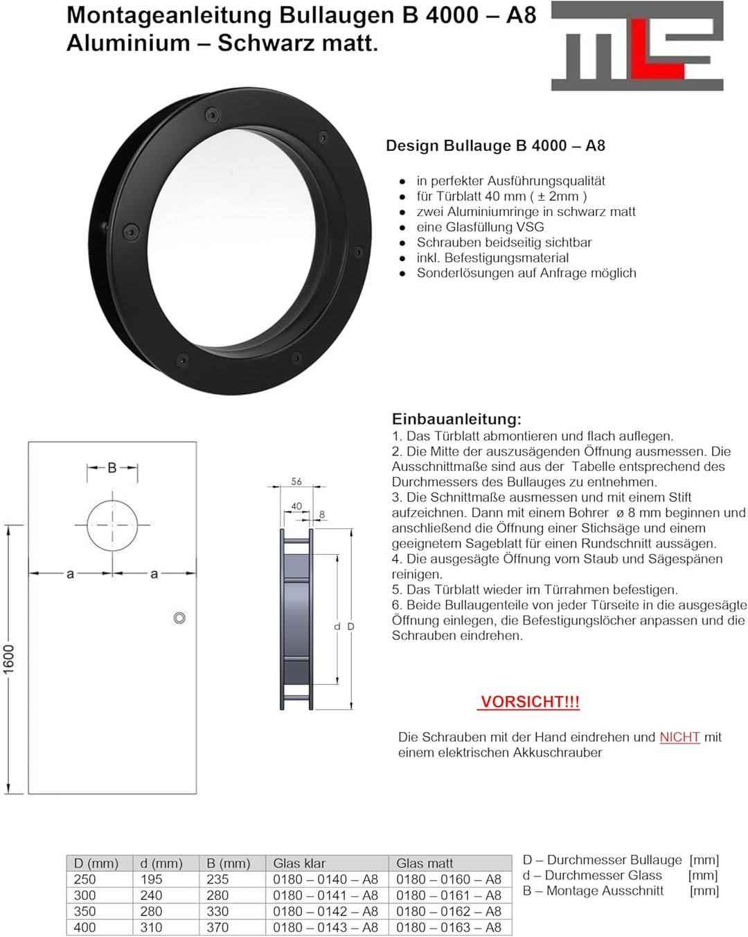 MLS Bullauge B4000, Bullauge für Türen, Robustes Aluminium, VSG-Sicherheitsglas, Passend für 40 mm S