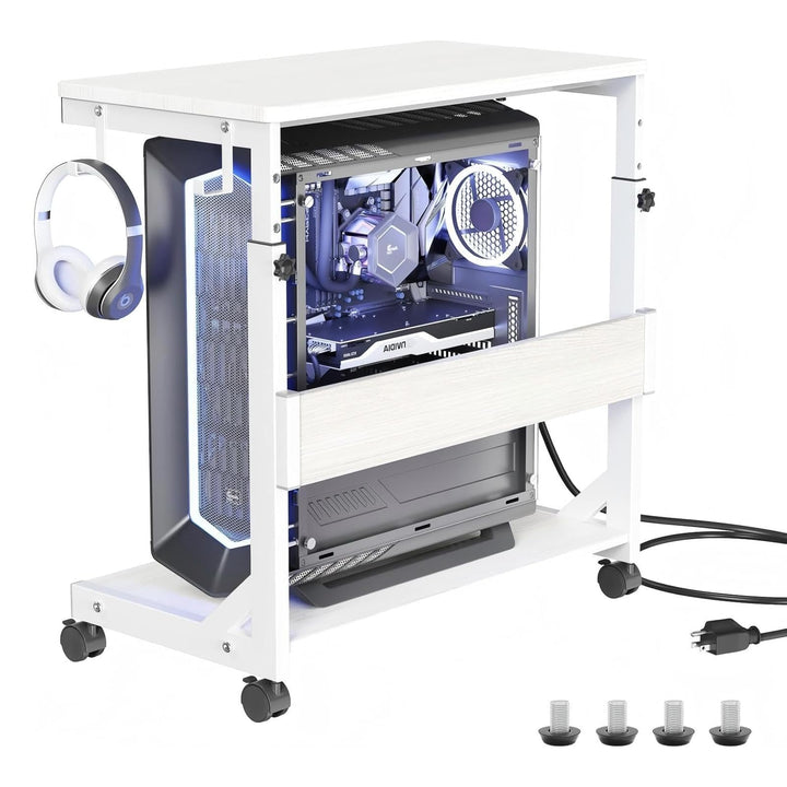 Höhenverstellbarer PC Ständer mit Rollen, 2 Haken, 2-stufig | Computer Tower Ständer, Druckerständer