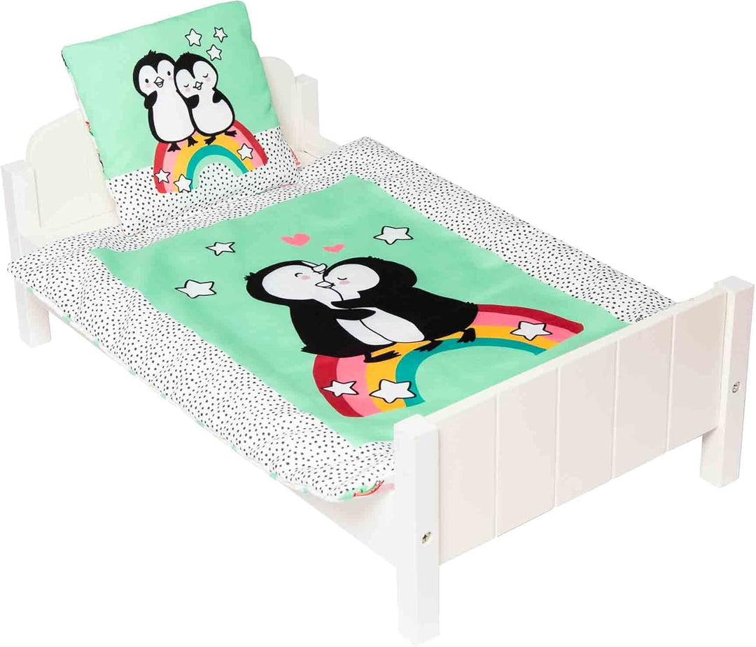 Heless 1000 - Puppen-Wendebettdecke mit Kissen im Pinguin Pünktchen Design, für süsse Puppen-Träume