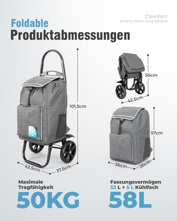 Homecall Einkaufstrolley Klappbar Einkaufswagen mit 50L + 5L kühlfunktion Bis 50KG, Einkaufstasche m