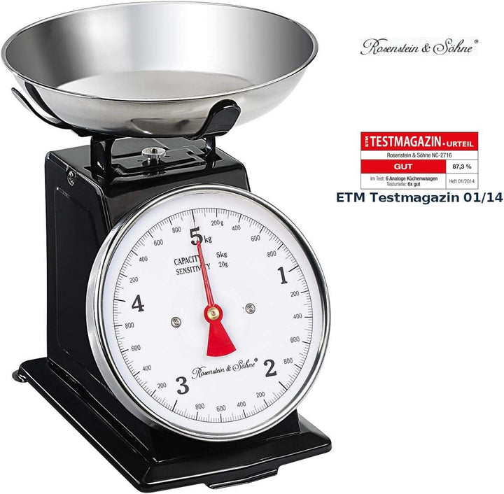 Rosenstein & Söhne Waage: Analoge Retro-Küchenwaage bis 5 kg mit Tara-Funktion, schwarz, Metall (Fei