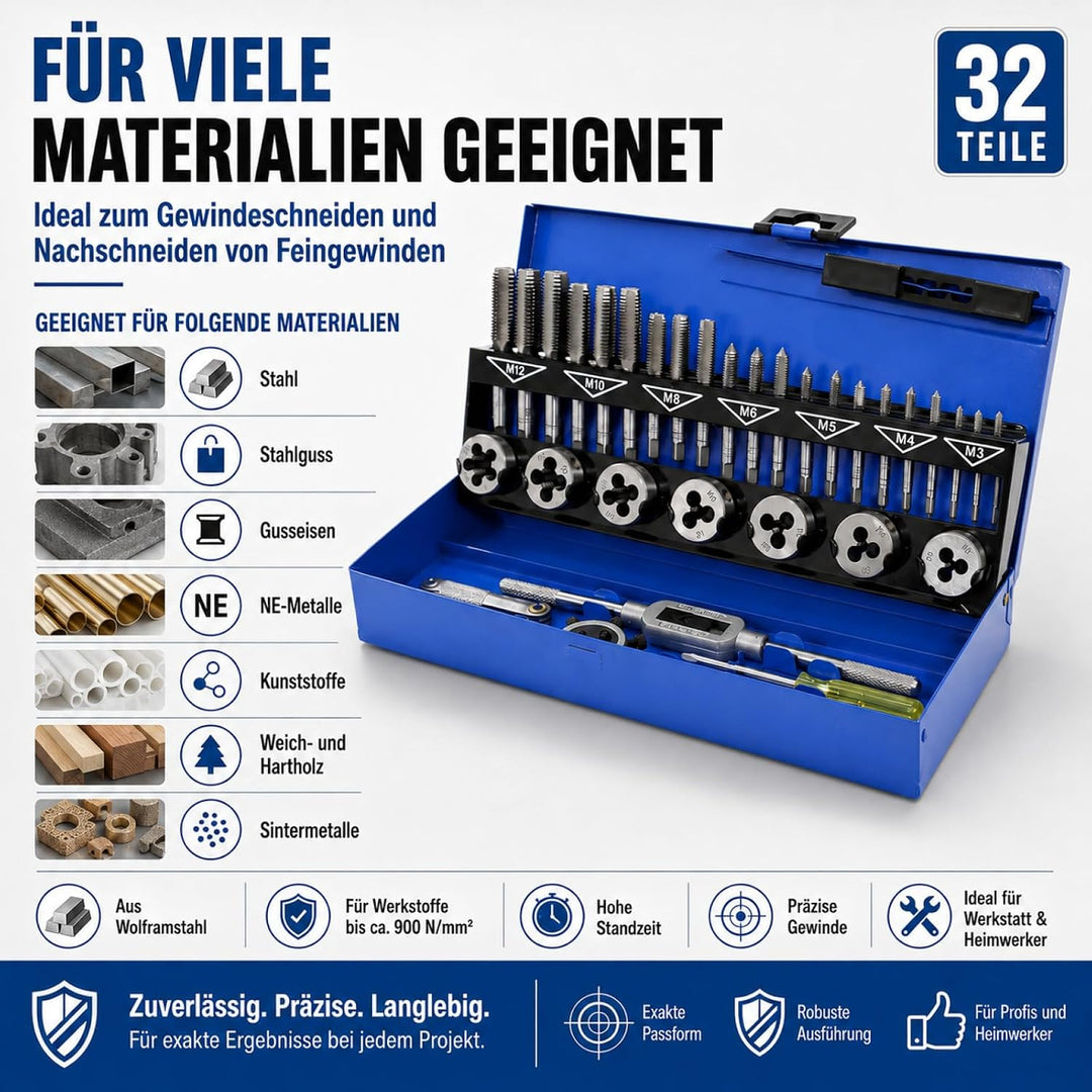 BITUXX® 32tlg Gewindeschneid Set Satz M3-M12 Gewindeschneider Gewindebohrer Set Schneideisen M3 M4 M