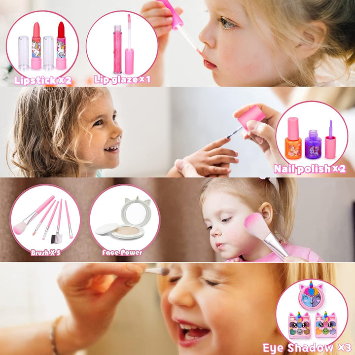 Kinderschminke Set Mädchen, Waschbares, sicheres Make-up-Set für Kinder Mit Einhorn Kosmetiktasche,N