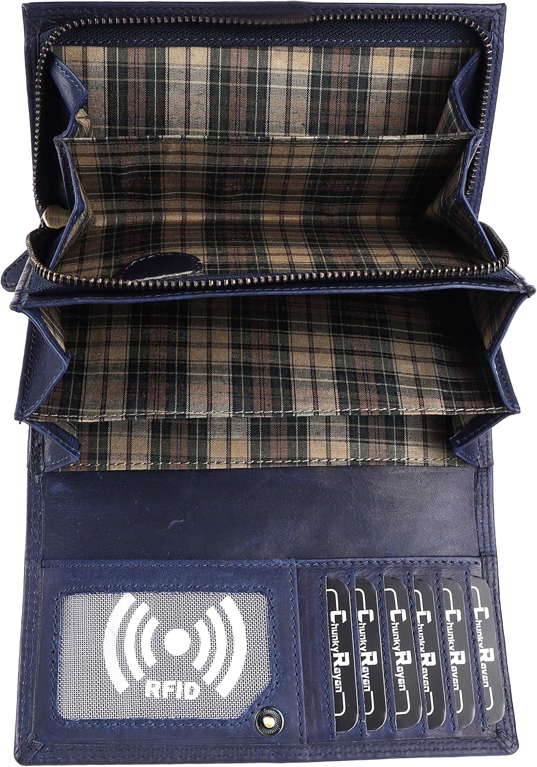Chunkyrayan Damen Portemonnaie Echtleder XXL RFID Schutz inklusive Leder Schlüsselanhänger Blau, Bla