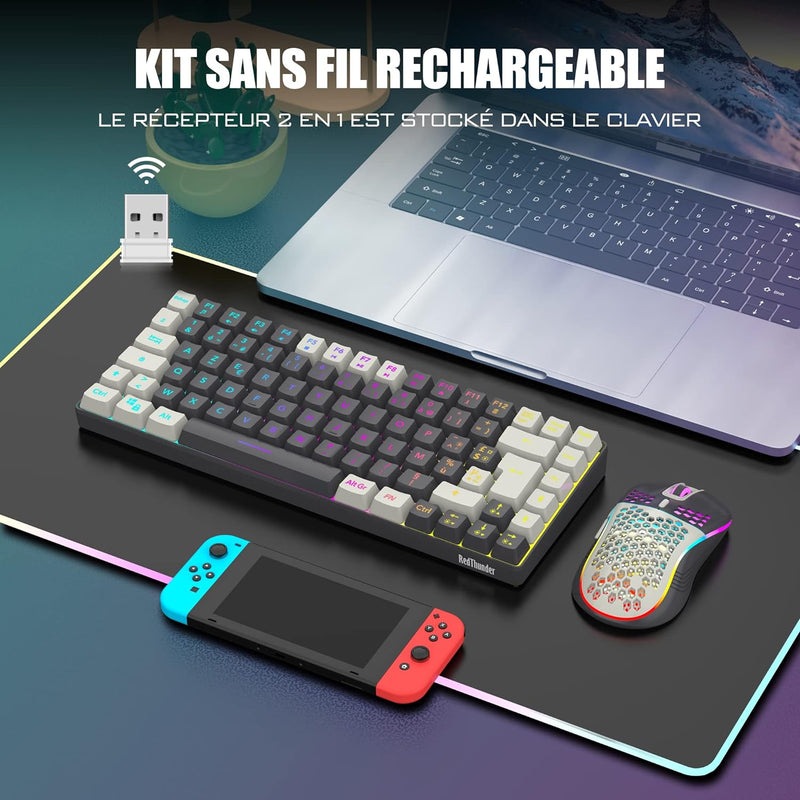 RedThunder K84 Combo Tastatur und Maus, kabellos, AZERTY, Französisch, wiederaufladbarer Akku mit RG