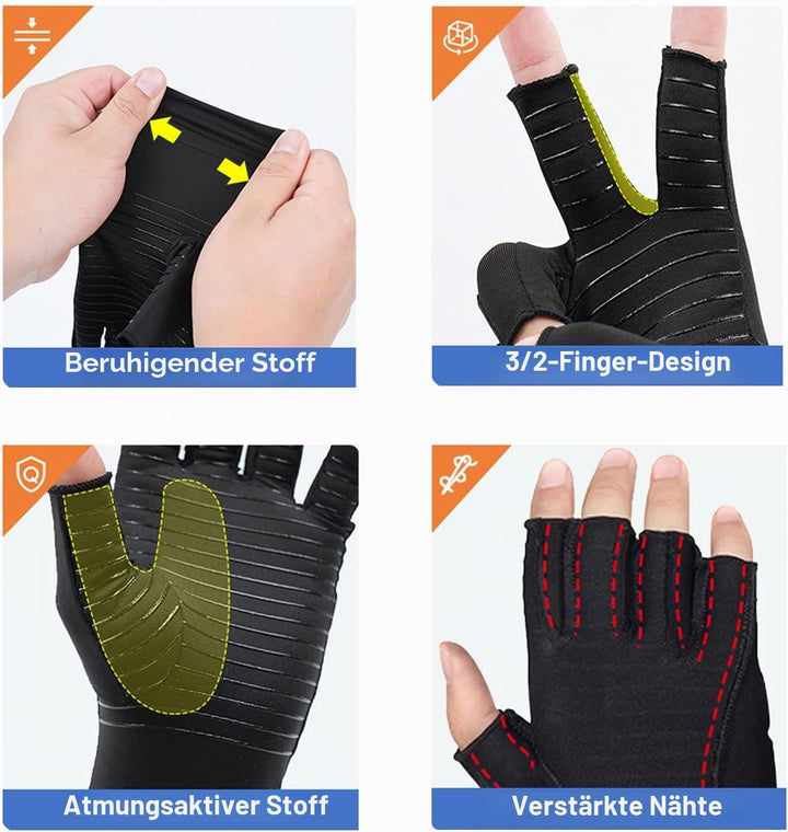 Kupfer Kompressionshandschuhe Fingerlos Rutschfest Damen Herren,L L 2 Paar, L 2 Paar