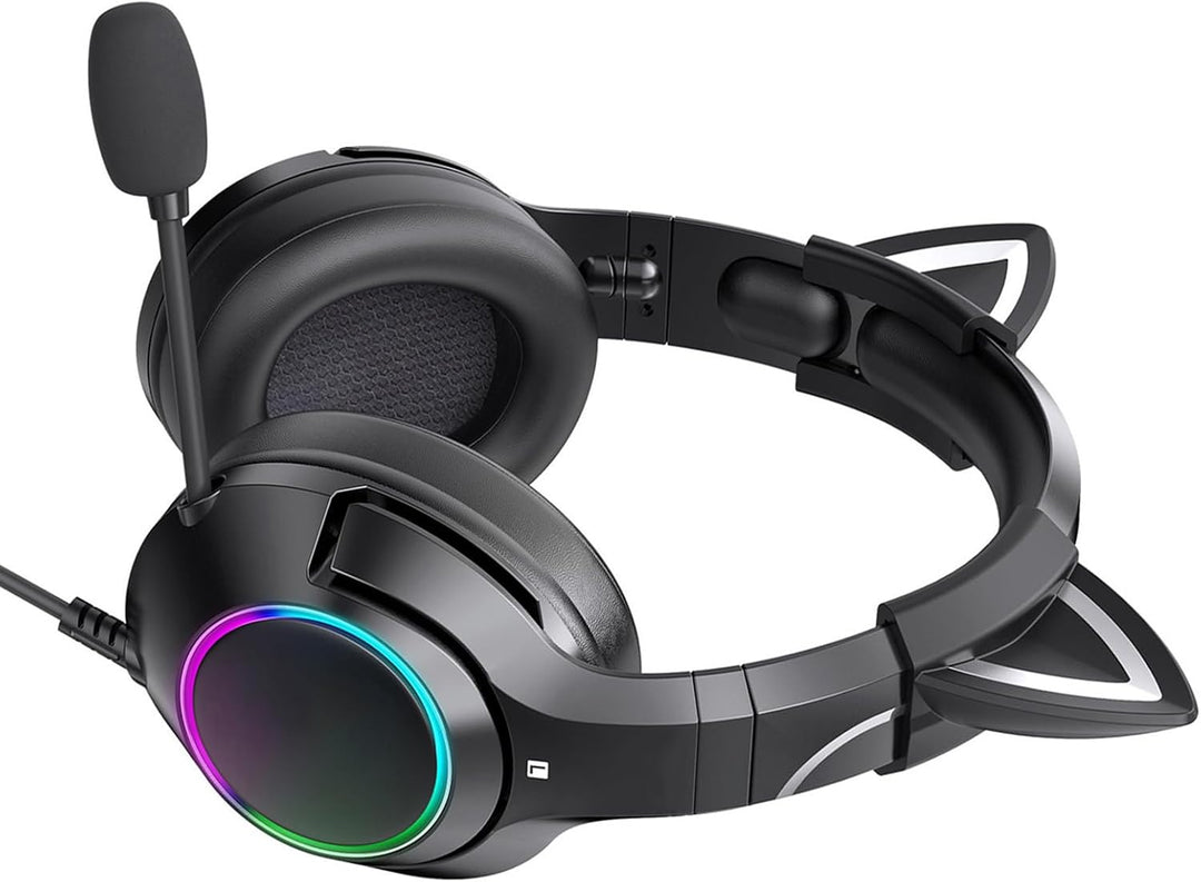 Gaming-Headset mit Mikrofon, abnehmbare Katzenohr-Kopfhörer, Katzenohr-Design mit RGB-Beleuchtung, V