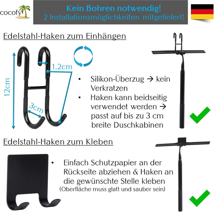 Duschabzieher mit Teleskopstiel 43-153 cm lang 35 cm breit, 2 Haken, Langer Stiel, Teleskop, Bodenab