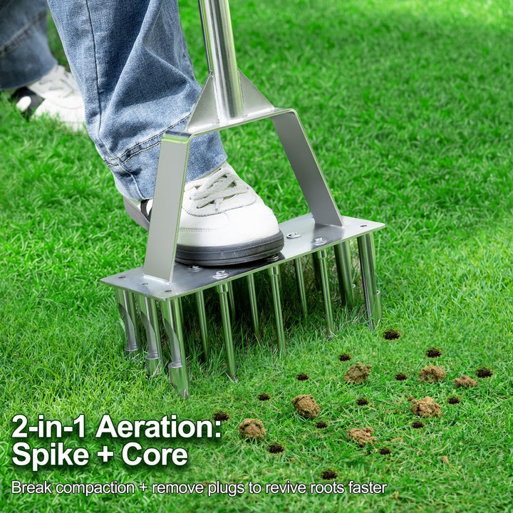2-in-1 Rasenlüfter, Aerifizierer für Rasen mit 9 Spikes & 6 Kerne, Manueller Rasenbelüfter für Rasen