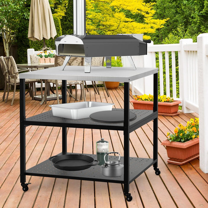 Onlyfire Robuster Pizzatisch, Grilltisch Servierwagen Outdoor mit Edelstahloberfläche und 4 Rollen,