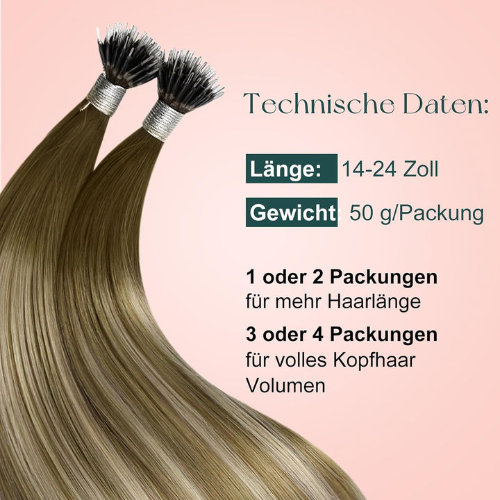 Easyouth Extensions mit Nanoring Echthaar 14 Zoll 50 Stück 50g Farbe Dunkelbraun tu Aschbraun Mix Mi