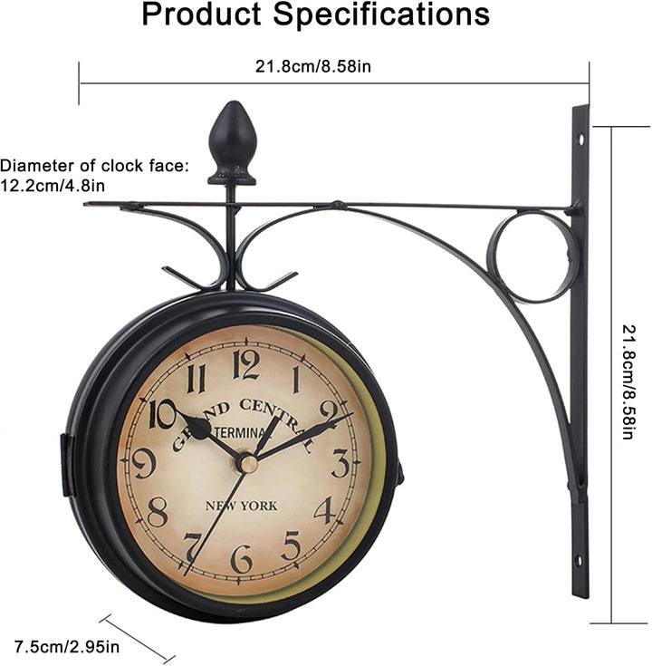Syfunlv Vintage Bahnhofsuhr,Zweiseitige Wanduhr,21,8 * 21,8 cm,Wetterfest, Runde Wanduhr für Garten,