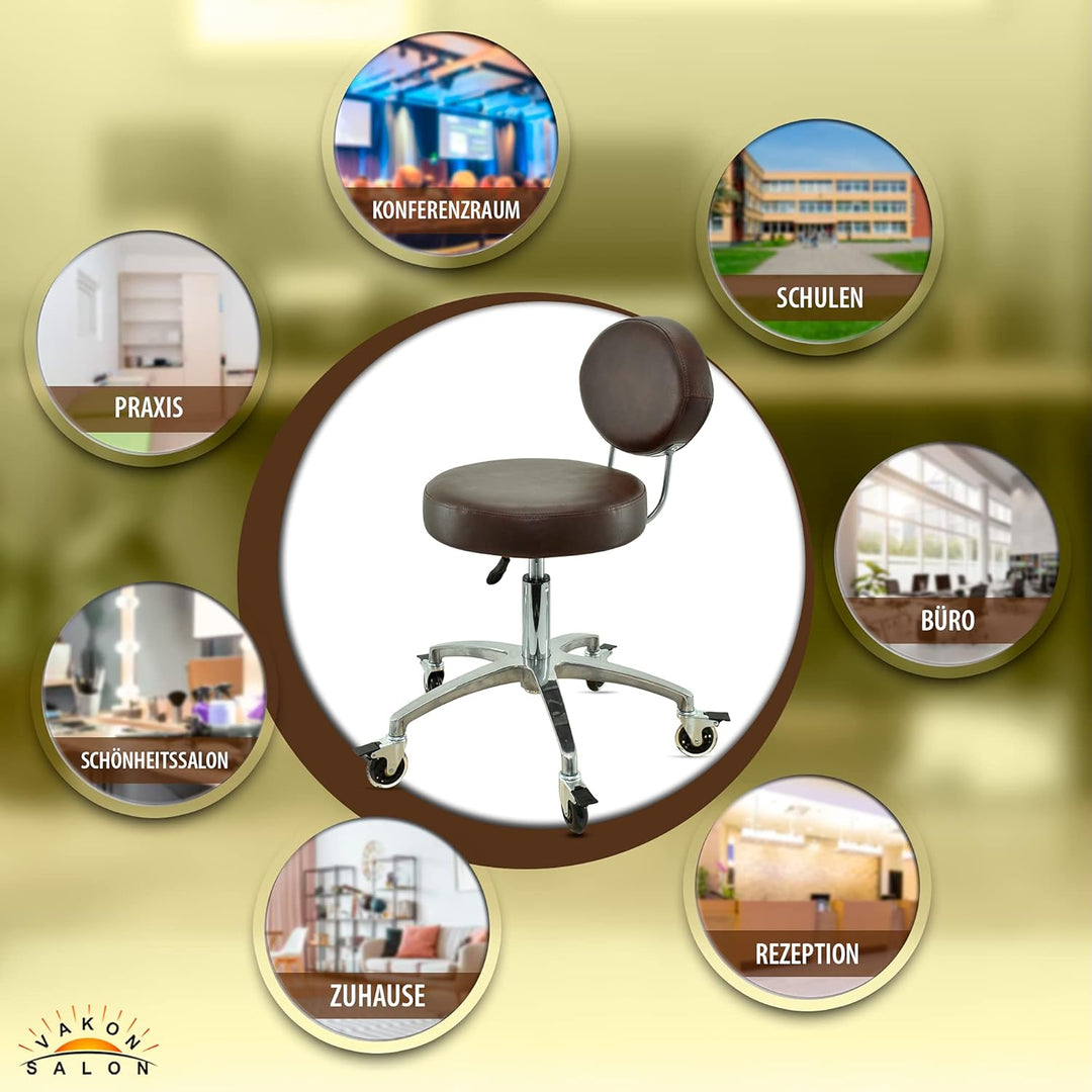 VAKON SALON - Rollhocker mit ovaler Lehne in Braun - Rollen mit Bremse - Höhenverstellbarer von 50 b