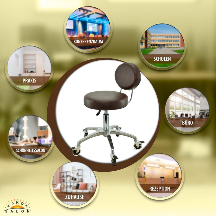 VAKON SALON - Rollhocker mit ovaler Lehne in Braun - Rollen mit Bremse - Höhenverstellbarer von 50 b