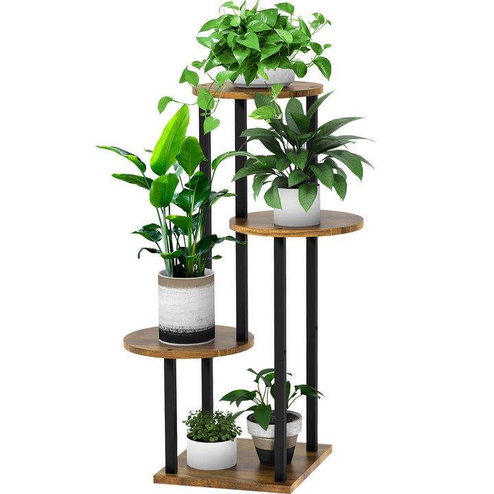 YOCOMEY 4 Tier Hölzern Blumenregal Metall Pflanzenregal, Mehrstöckig Blumenständer Pflanzenständer B