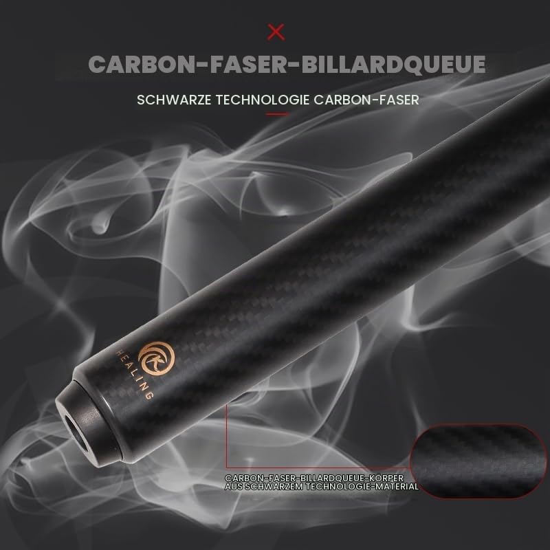 OKHEALING Carbon Fibre Billardqueue, 147cm, 12.4mm Kopf, für Amateur und Profi Billardspieler (mit H