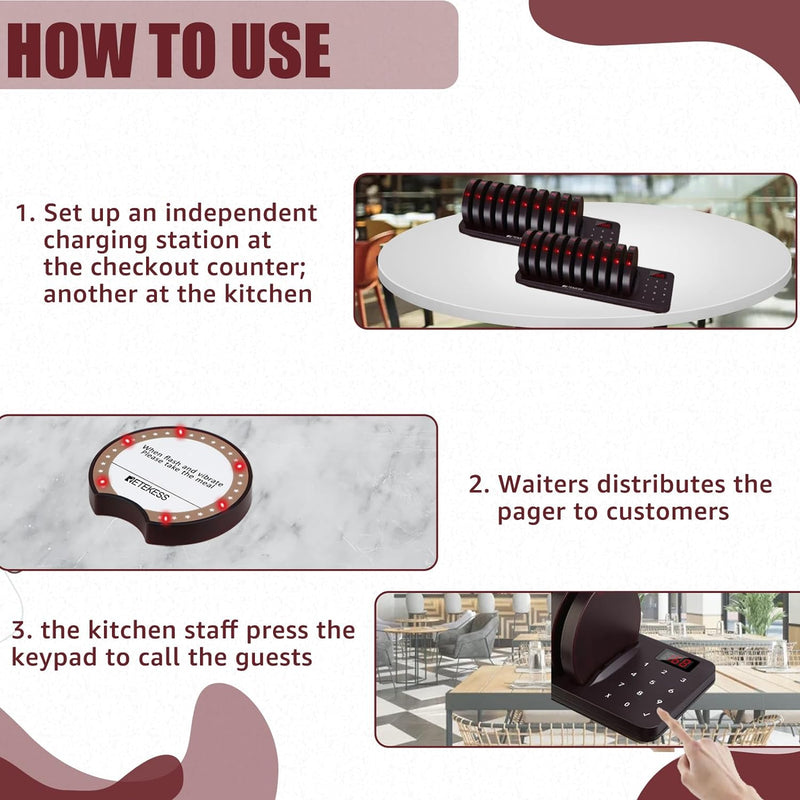 Retekess TD162 Pager System Restaurant, 20 Pager Pieper, Anti-Fall Design, Outdoor 500M, 3 Rufmodi,