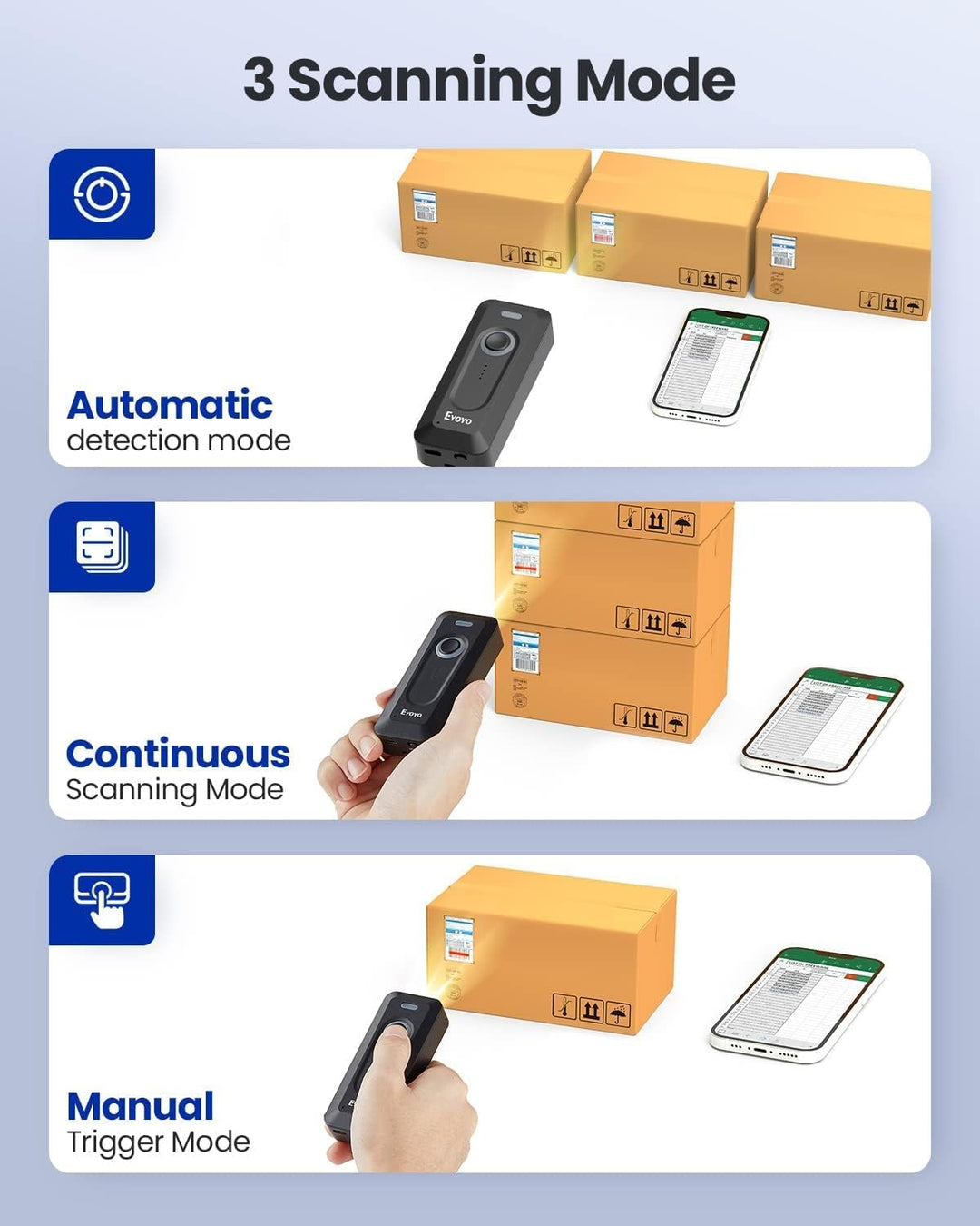 Eyoyo 2D Bluetooth Barcode Scanner mit Klipp, 2000mAh Akku mit Füllstandsanzeige, tragbarer Mini Wir