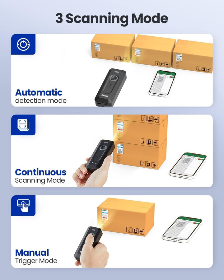 Eyoyo 2D Bluetooth Barcode Scanner mit Klipp, 2000mAh Akku mit Füllstandsanzeige, tragbarer Mini Wir